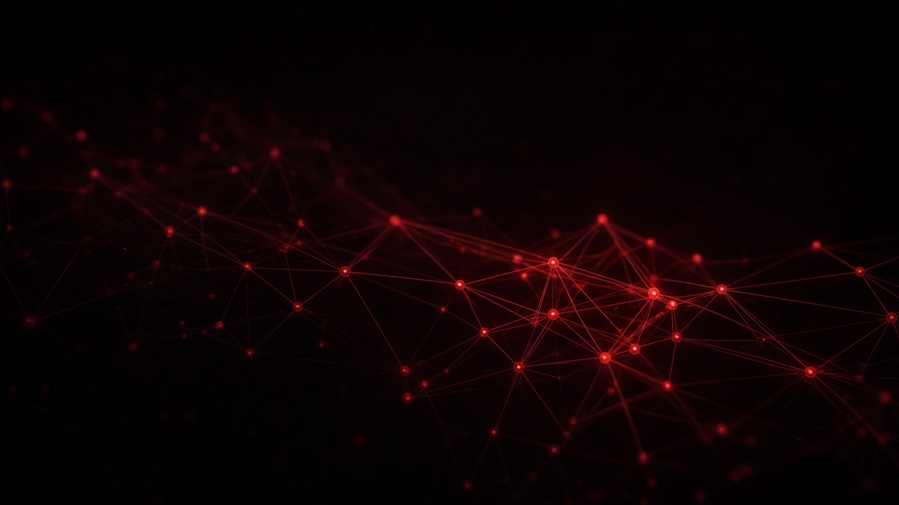 Abstract crimson network of nodes on near-black — cover for ZarkiTech's MCP article