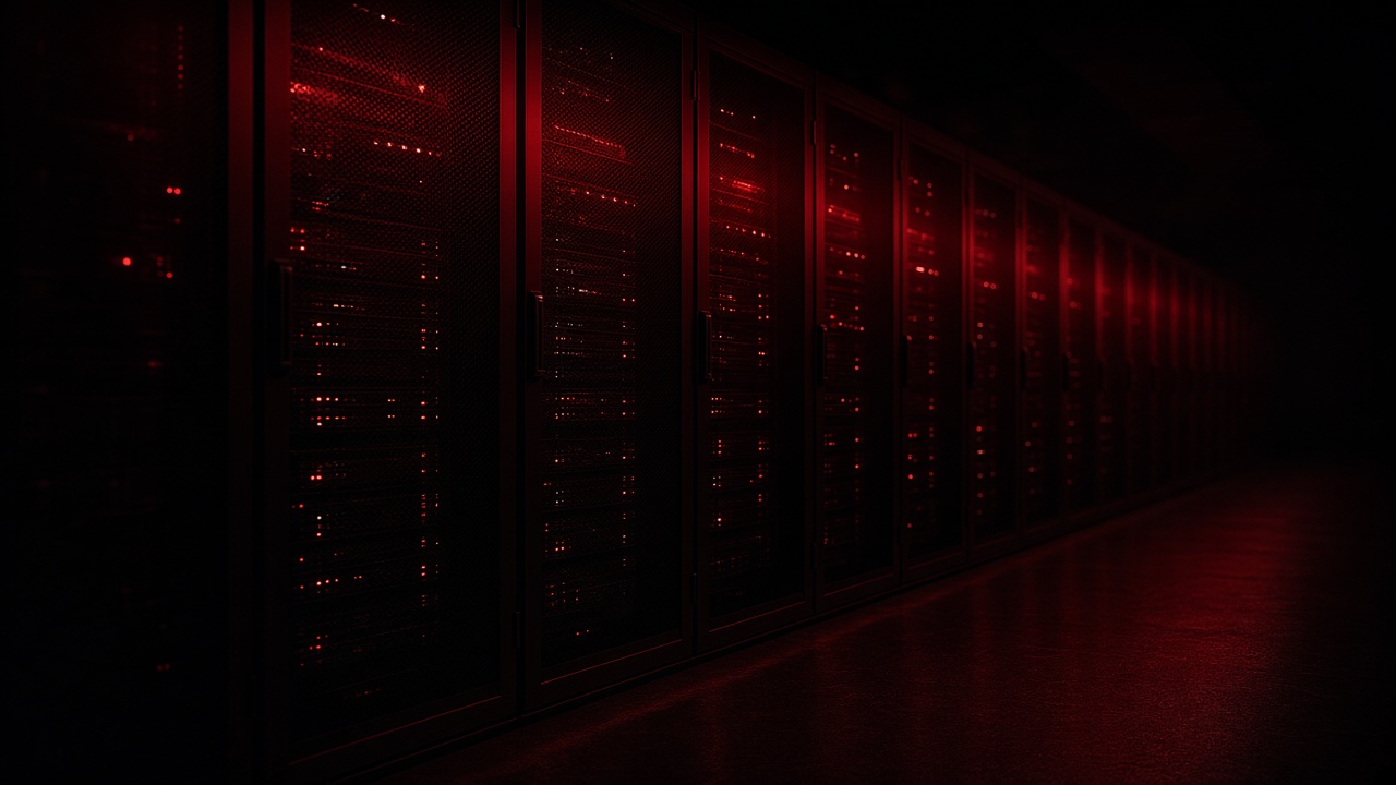 Dark server racks receding under crimson light — cover for ZarkiTech's NestJS backends article
