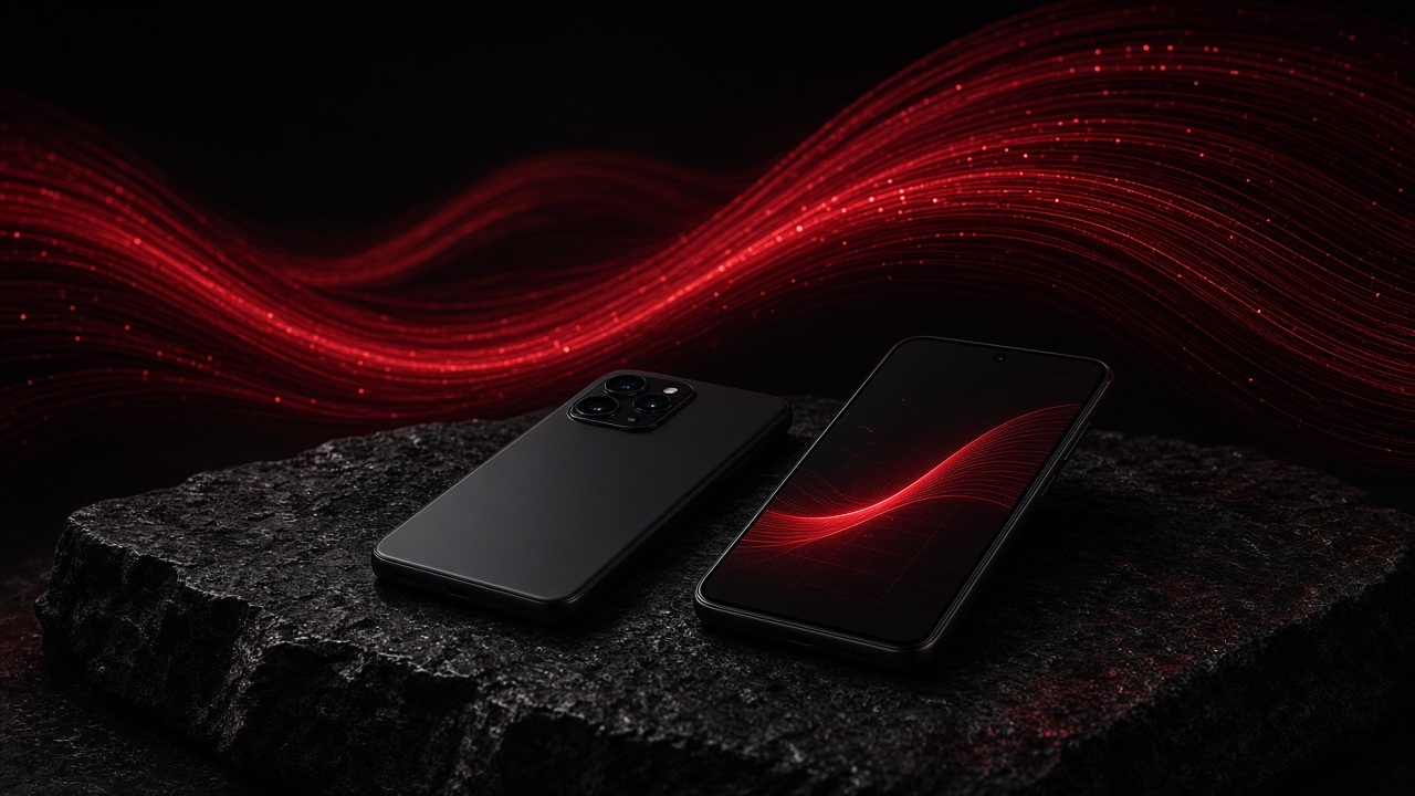 Two dark smartphones on black stone with a crimson glow — cover for ZarkiTech's React Native versus native article