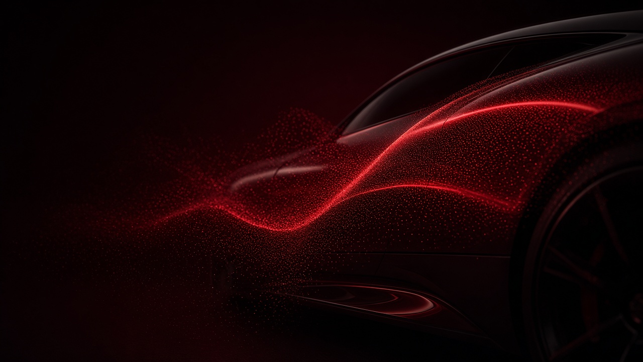 Crimson inspection light across a dark vehicle body — cover for ZarkiTech's AI vehicle inspection article